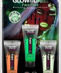 Beste deal 😀 Paintglow - Glow In The Dark Face & Body Paint Set - Verf - Schmink - Make-up - Oranje - Groen - Transparant - 12 Ml - 3 Stuks 🔥