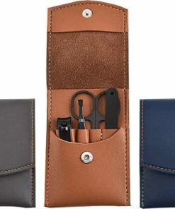 Promo 🔥 Merkloos Manicure Set - Pedicure Set - 4-delig - Luxe - Schaar - Vijl - Nagelknipper - Pincet - Donkergrijs - PU Leer - Reisset - Reis Set 🎉