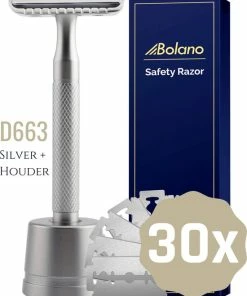 Groothandel 🔔 Bolano® Safety Razor Set Zilver + 30 Double Edge Scheermesjes + Houder - Klassiek Scheermes Voor Mannen En Vrouwen - D663 👏