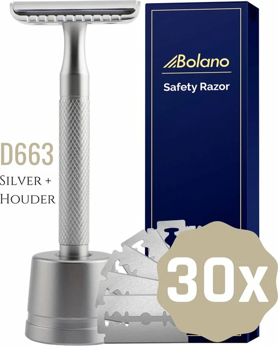 Groothandel π Bolano® Safety Razor Set Zilver + 30 Double Edge Scheermesjes + Houder - Klassiek Scheermes Voor Mannen En Vrouwen - D663 π 3 Groothandel π Bolano® Safety Razor Set Zilver + 30 Double Edge Scheermesjes + Houder - Klassiek Scheermes Voor Mannen En Vrouwen - D663 π